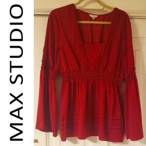 XL Max Studio Red Long/Bell Sleeve Textured Blouse